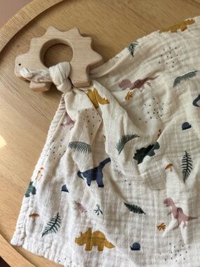 Liewood Muslin Dinosaur Cuddle Cloth with Wooden Teether